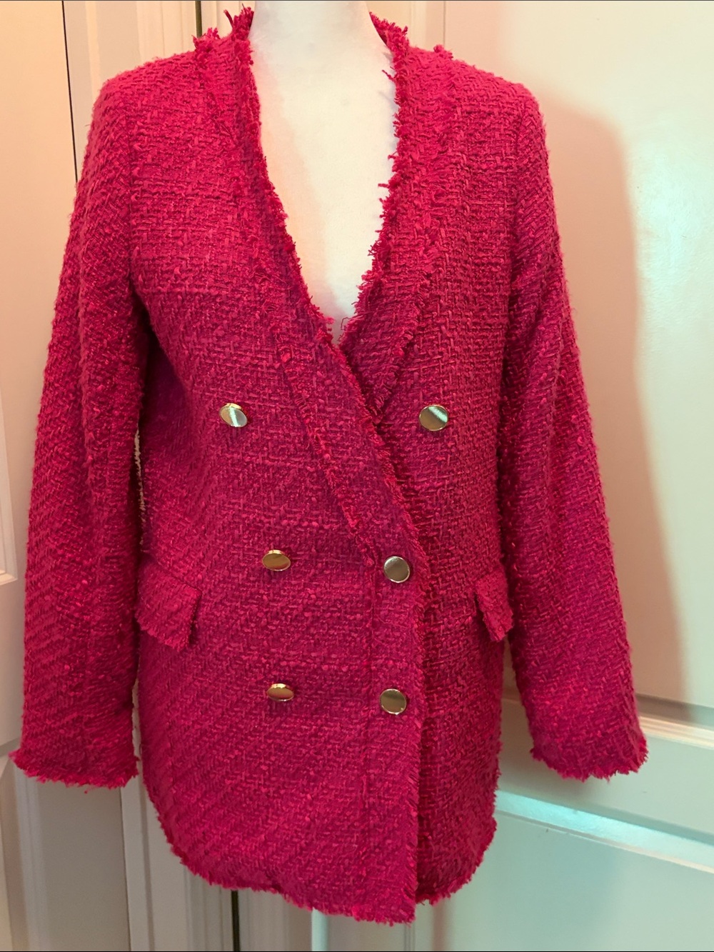 Rachel Zoe Double-Breasted Pink Bouclé Blazer